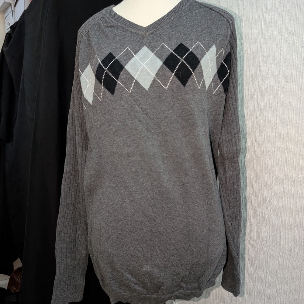 Claiborne Gray and Black Argyle V-Neck Sweater